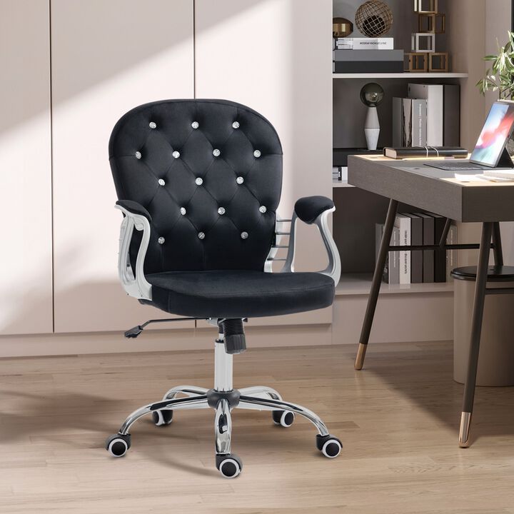 Velvet Home Office Chair, Button Tufted Desk Chair with Padded Armrests, Adjustable Height and Swivel Wheels, Black