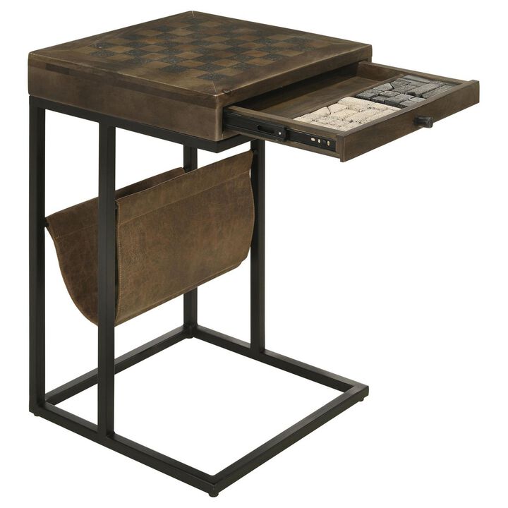 27 Inch Chess Side Table, Drawer, Magazine Holder, Tobbaco Brown Mango Wood - Benzara