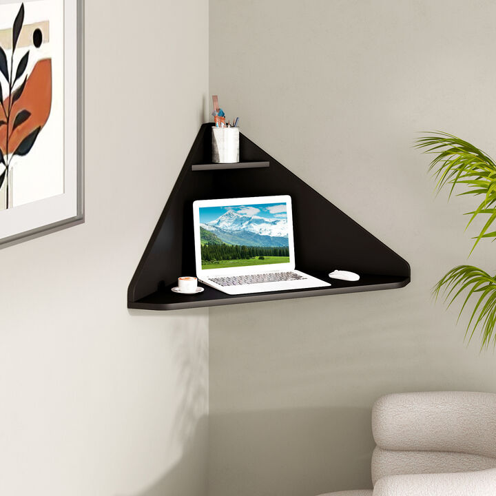 Space Saving Floating Corner Computer Desk with Storage Shelf for Workstation