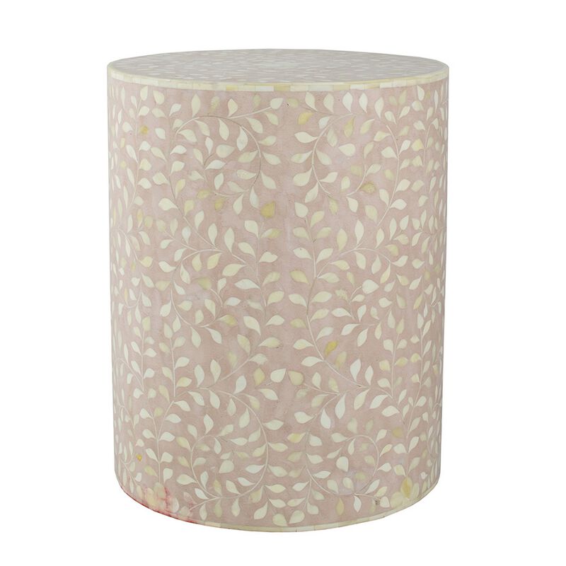 20 Inch Round Side End Table, Filigree Bone Inlay, Wood, Pale Pink, White