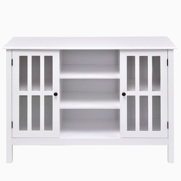 QuikFurn White Wood Sofa Table Console Cabinet with Tempered Glass Panel Doors