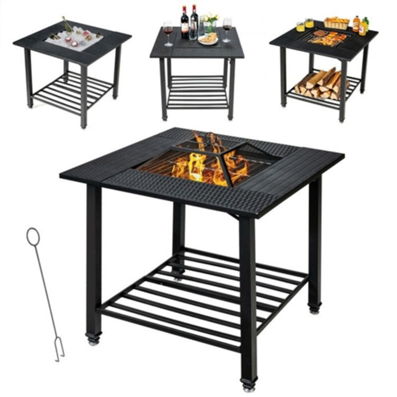 Multi-Functional Square Fire Pit with Grill, Ice Bucket, and Tabletop