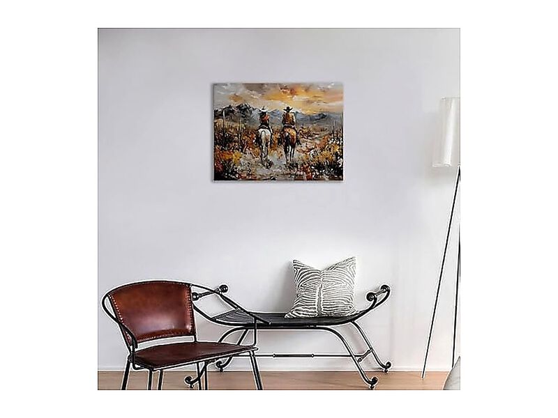 Western Cowboy Cowgirl Horses Canvas Wall Art Mountain Desert Landscape Sunset image number 1