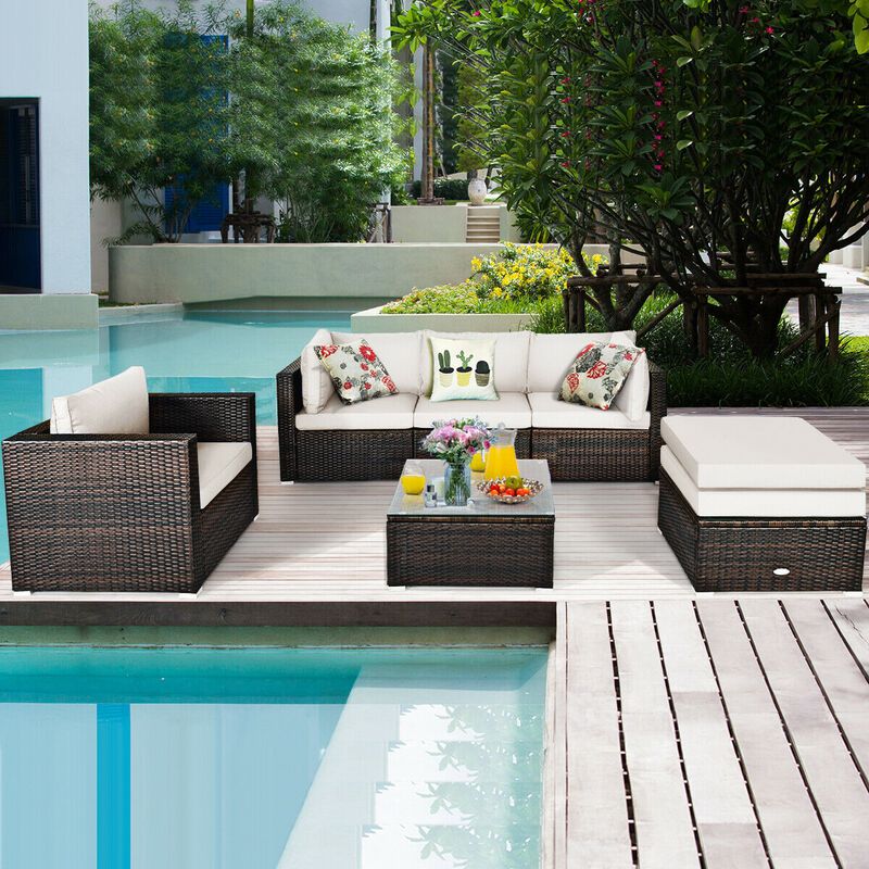 6 Pcs Patio Rattan Furniture Set with Sectional Cushion