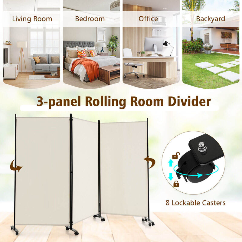 3 Panel Folding Room Divider with Lockable Wheels