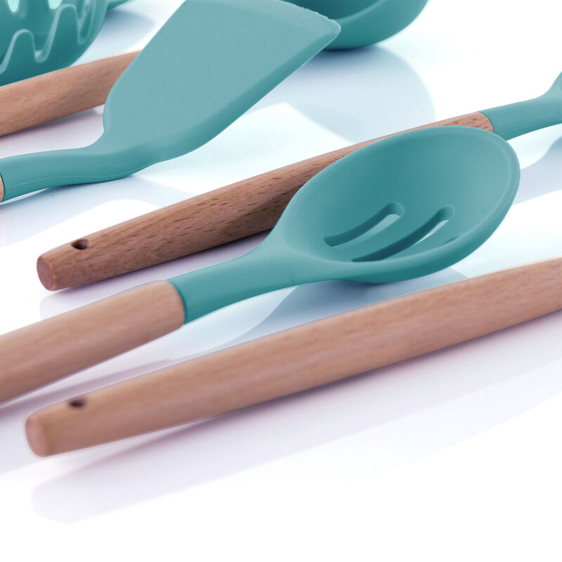 MegaChef Light Teal Silicone and Wood Cooking Utensils, Set of 9
