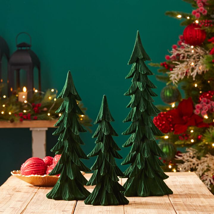 Soft Velvet Christmas Trees (3-Pack) – Textured Pine Tree Décor for Mantel, Tabletop, or Shelf Styling