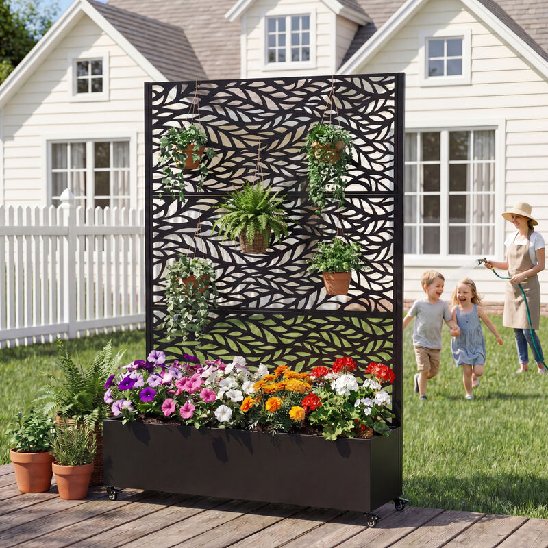 WOW PIONEER Galvanized Metal Raised Garden Bed with Locking Wheels, Trellis and Privacy Screen, Outdoor Planter Box for Climbing Plants Vegetables Vines with Drainage Holes image number 3