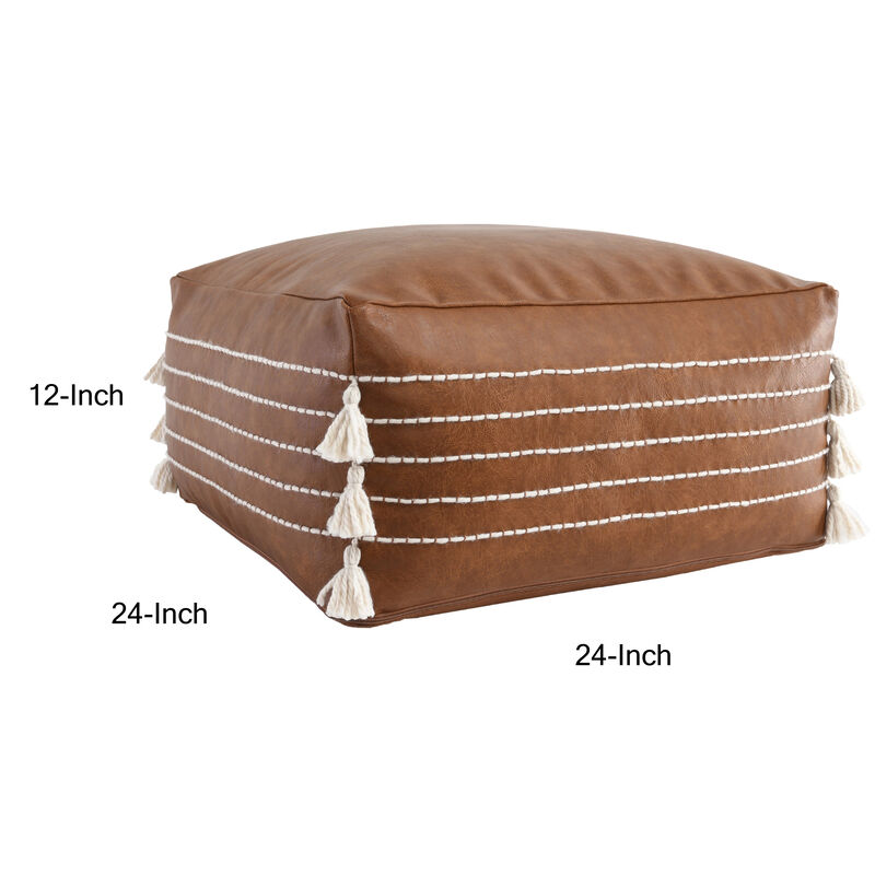 24 Inch Square Vegan Faux Leather Pouf, Yarn Embroidery, Tassels, Brown-Benzara