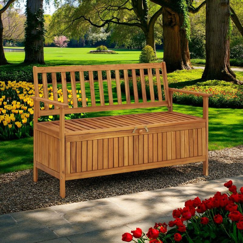 Outdoor Storage Bench, Slatted, 47 Inch Natural Brown Acacia Wood - Benzara