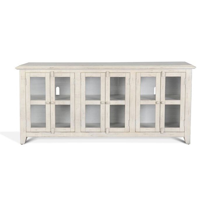 Rena TV Media Entertainment Console with Shelves, 70 Inch Rustic White - Benzara