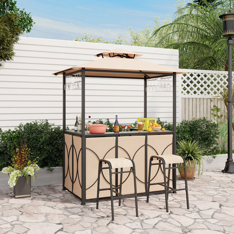 3-Piece Patio Bar Set with Grill Gazebo, 2 Bar Stools, and Tempered Glass Bar Table