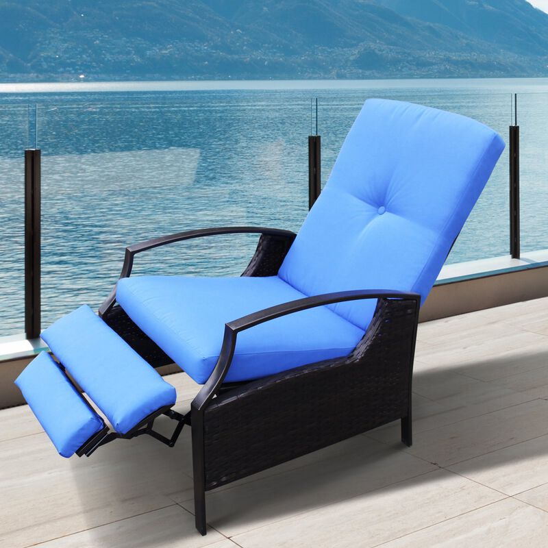 Blue Wicker Comfort: Adjustable Rattan Recliner for Patio & Poolside