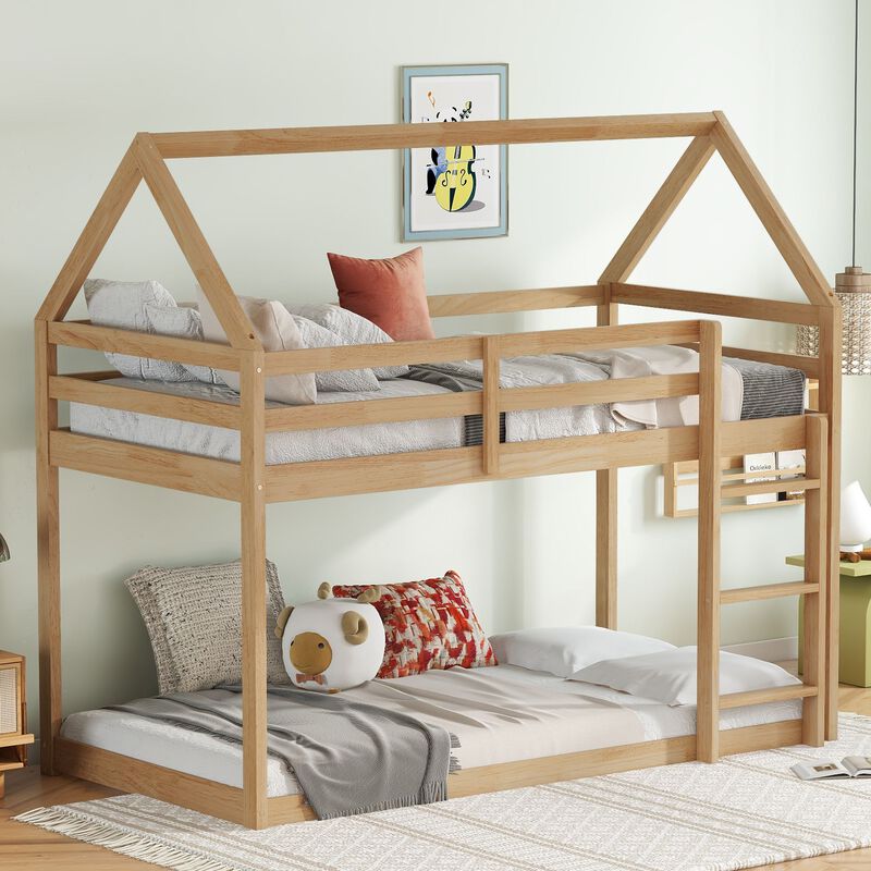 Whisen Twin over Twin Rubber Wood House-Shaped Floor Bunk Bed with ladder and Safety Guardrails - Gray