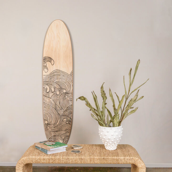 Coastal Decorative Surfboard Wall Decor for Living Room; Contemporary Wave Design Overlaid On Light Natural Wood