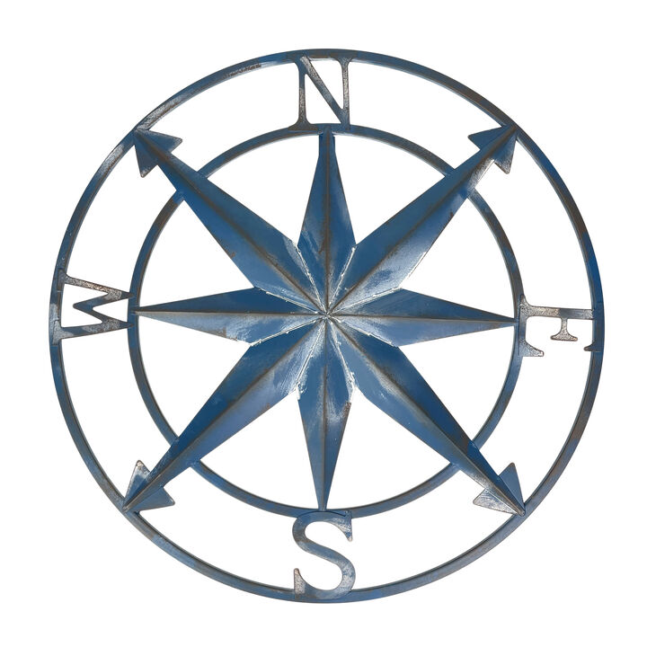 20 Inch Distressed Metal Compass Rose Nautical Wall Decor Indoor Outdoor, Blue