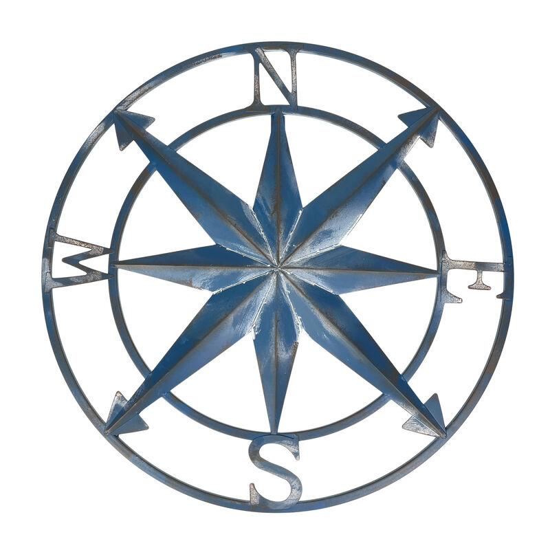 20 Inch Distressed Metal Compass Rose Nautical Wall Decor Indoor Outdoor, Blue image number 0