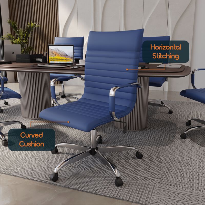 LeisureMod Harris High-Back Office Chair, Leather Upholstery with Adjustable Height, Lumbar Support, Swivel Seat and Chrome Base for Home or Office