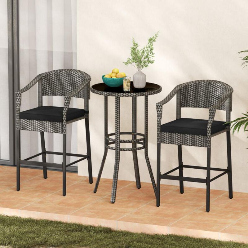 Hivvago 3-Piece Patio Rattan Bar Set with Tempered Glass Top for Backyard Poolside
