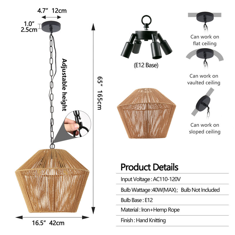 ELEMENT ACE Handcrafted Natural Hemp Rope Pendant Light Fixture with Adjustable Height for Kitchen Island Dining Room or Bedroom image number 2