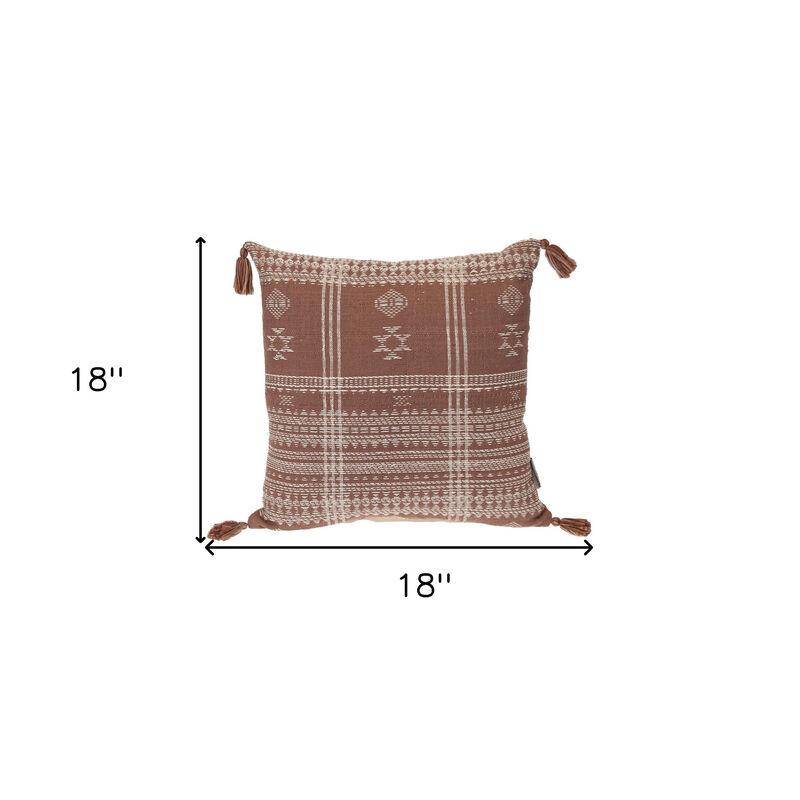 HomeRoots 18" Beige and Brown Cotton Throw Pillow with Tassels image number 5