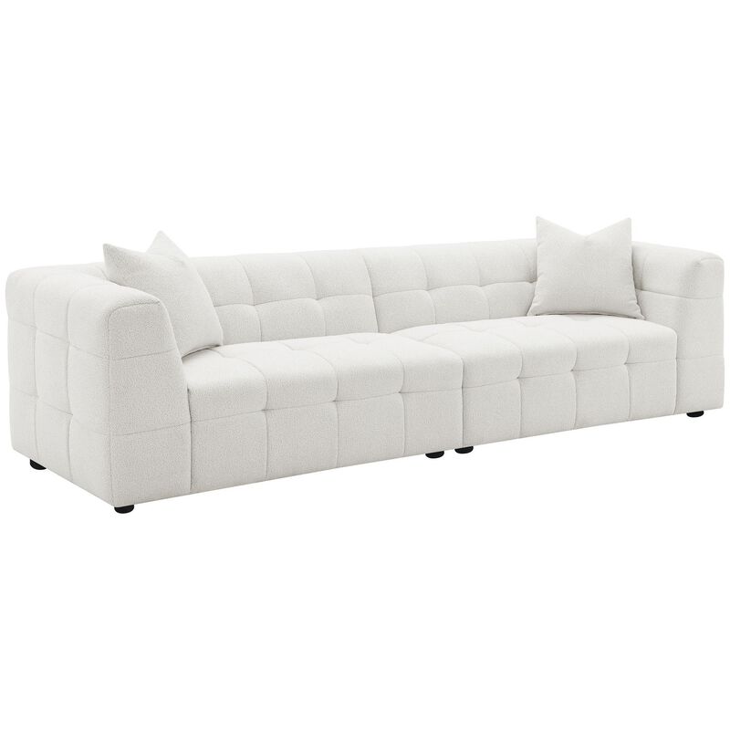 Lopo 114 Inch Long Sofa, Grid Tufted Off White Fabric 2 Accent Pillows