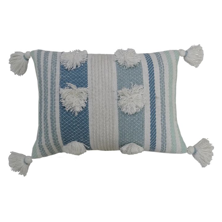 20" White and Blue Striped Rectangular Throw Pillow with Large Poms and Corner Tassels