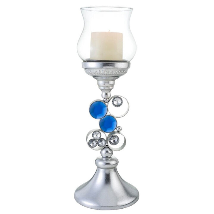 Homezia 18" Silver and Blue Faux Crystal Bling Hurricane Candle Holder