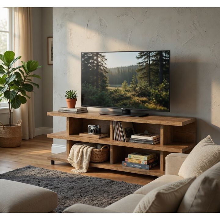 Carie TV Stand Media Console, 2-Tier Open Shelves, Wood