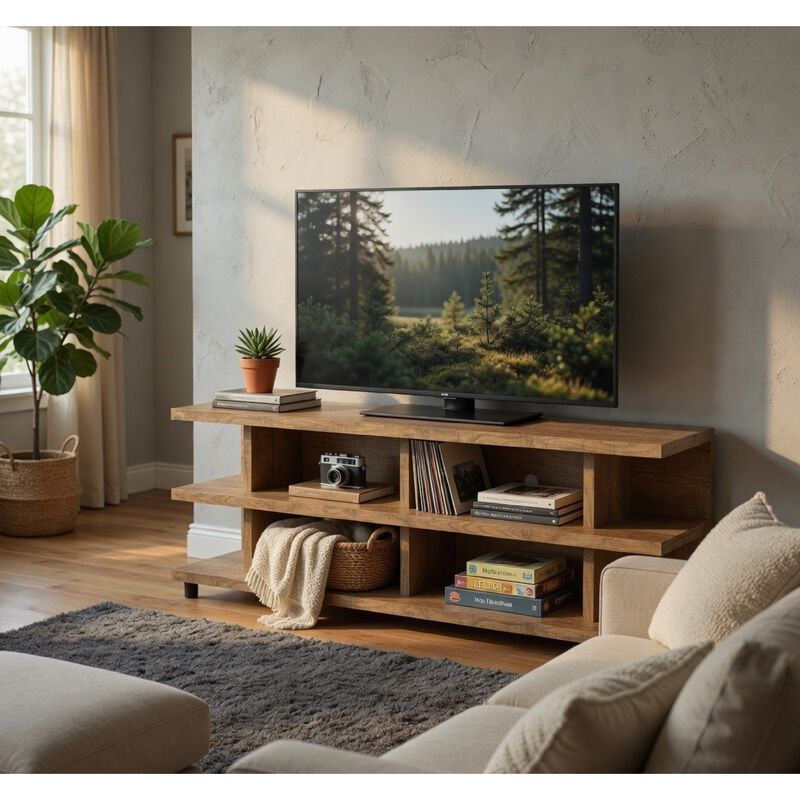 Carie TV Stand Media Console, 2-Tier Open Shelves, Wood image number 1