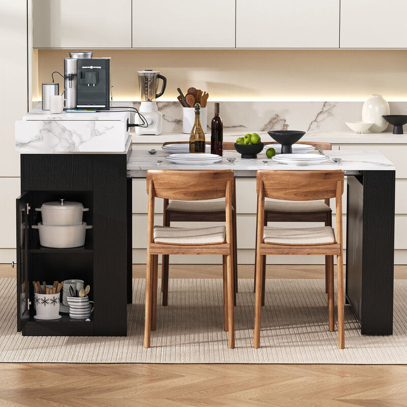 Whisen Extendable Dining Table 57.7"x32.7", Glass & MDF, w/Drawers, Power Outlet, Kitchen Island on Wheels image number 3