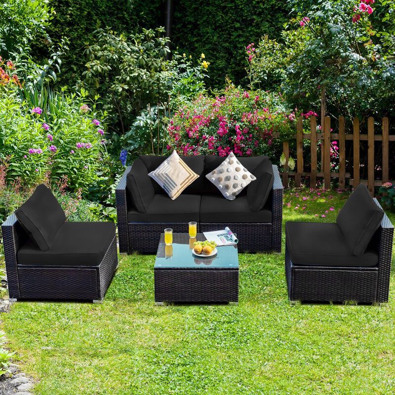 Mondawe 5 Pieces Cushioned Patio Rattan Furniture Set with Glass Table