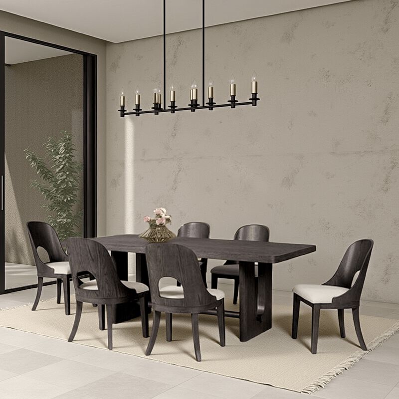 Zoko 7pc Dining Table Set, White Polyester Chairs, Ash Gray Rubberwood - Benzara