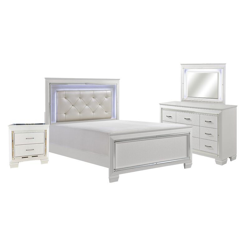 Alen 4 Pc California King Bedroom Set, Button Tufting, Mirror Trim, White - Benzara