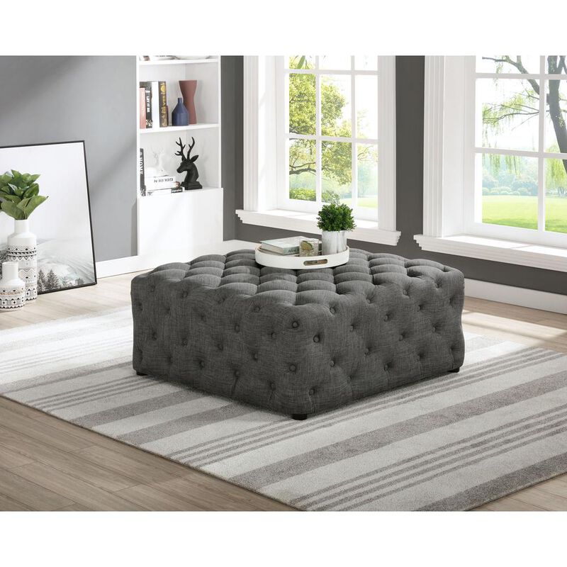 Best Master Furniture Kelly Square Transitional Linen Fabric Ottoman in Gray