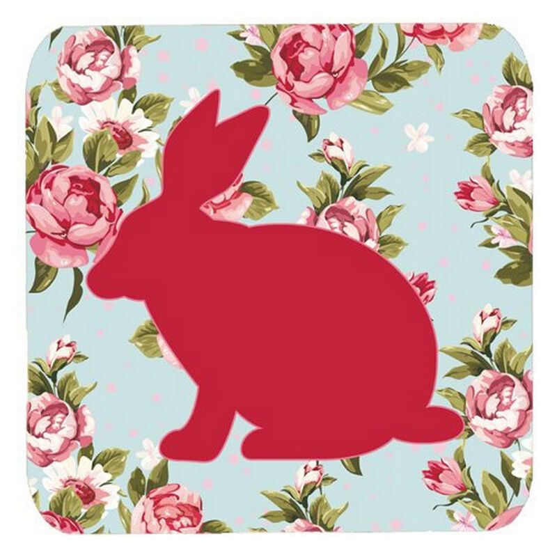 Caroline's Treasures BB1002-RS-BU-FC Rabbit Shabby Chic Blue Roses Foam Coasters (Set of 4), 3.5 H x 3.5 W, Multicolor