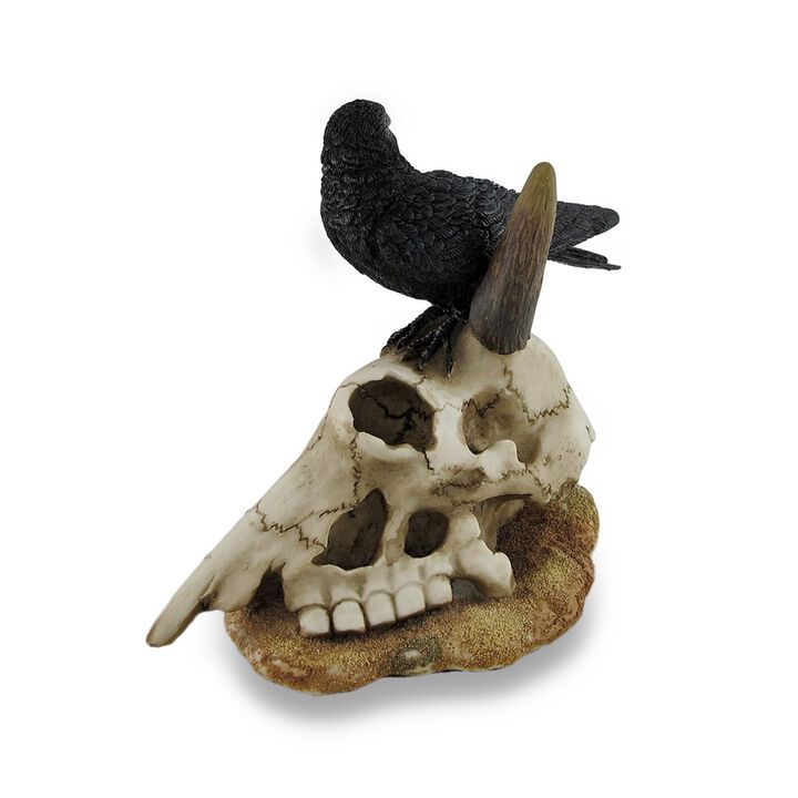 Black Crow Perched On Longhorn Skull Sculptural Figurine