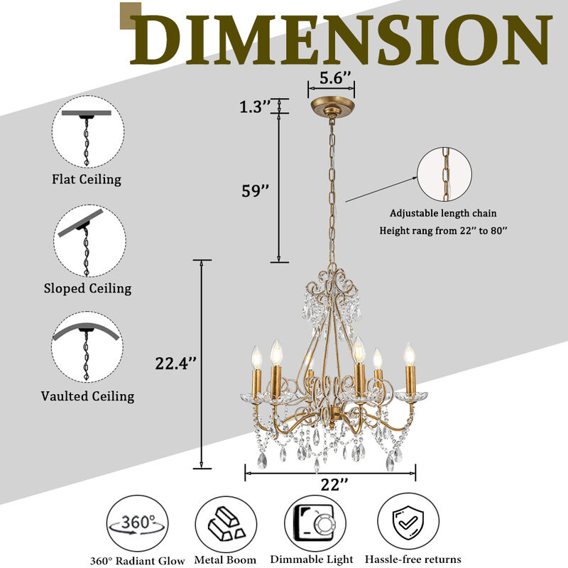 6-Lights Antique Gold Classic Candlestick Chandelier 22'' Mid-century French Style Pendant Light with Crystal Teardrop Beads image number 5