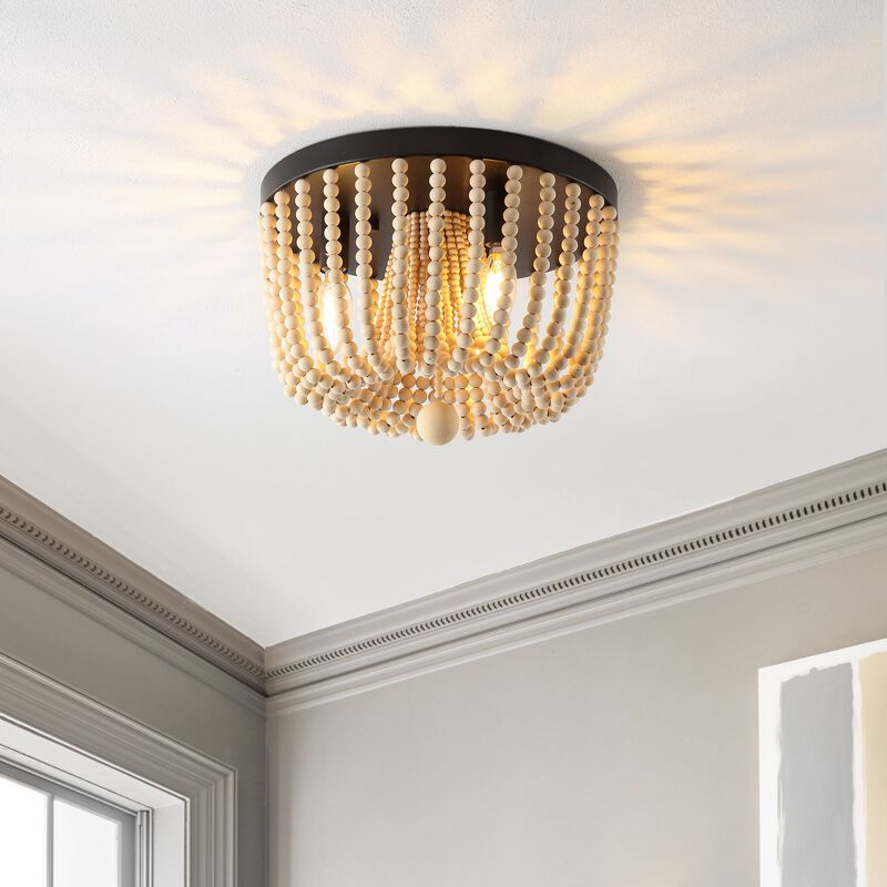 Eivissa 3-Light Coastal Farmhouse Iron/Wood Bead LED Flush Mount