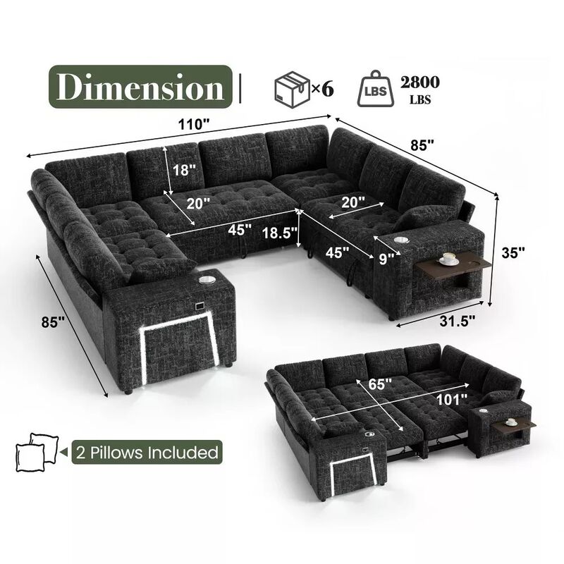 Vipbear 110" Modular Sectional Sleeper Sofa, 8-Seater Chenille U-Shaped Couch with Pull-Out Beds image number 1