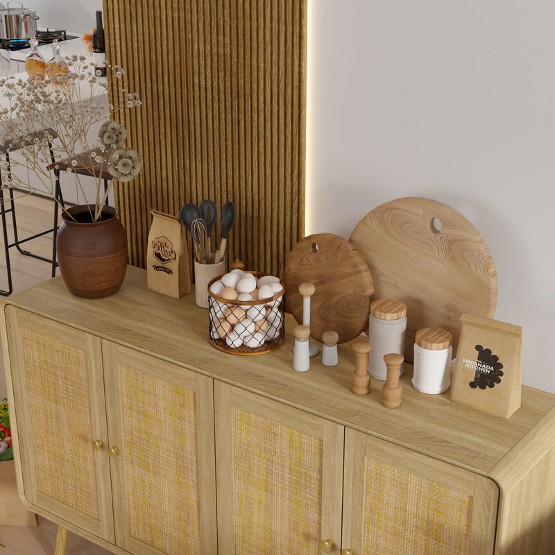 FUFU&GAGA Rattan Sideboard, Modern Buffet Cabinet with 4 Doors, Gold Handles & Solid Wood Legs, Storage Cabinet for Dining Room, Living Room & Entryway (55.1" W x 32.1" H x 13.9" D), Natural Wood