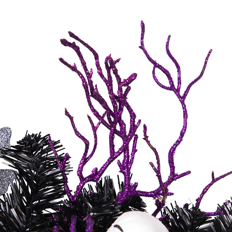 Purple and Black Spooky Skeleton Pine Halloween Wreath  24-Inch  Unlit image number 7