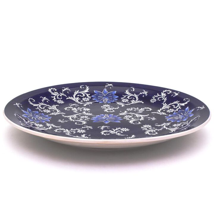 Euro Ceramica Blue Garden Lotus X-Large Decorative Accent Platter with Stand
