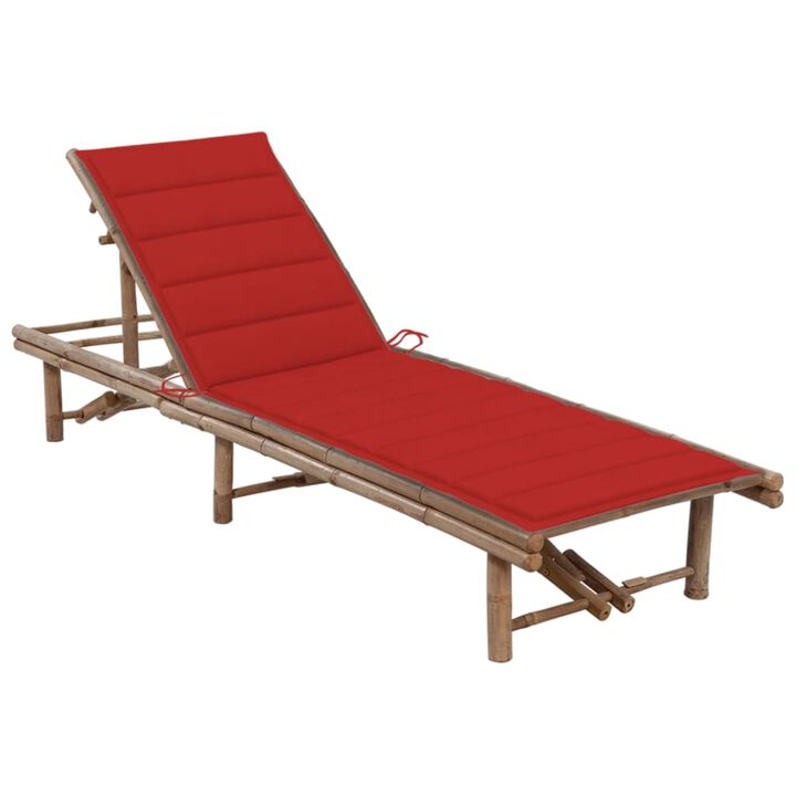 vidaXL Bamboo Patio Sun Lounger with Red Polyester Cushion - Adjustable and Comfortable Outdoor Recliner for Relaxing and Lounging