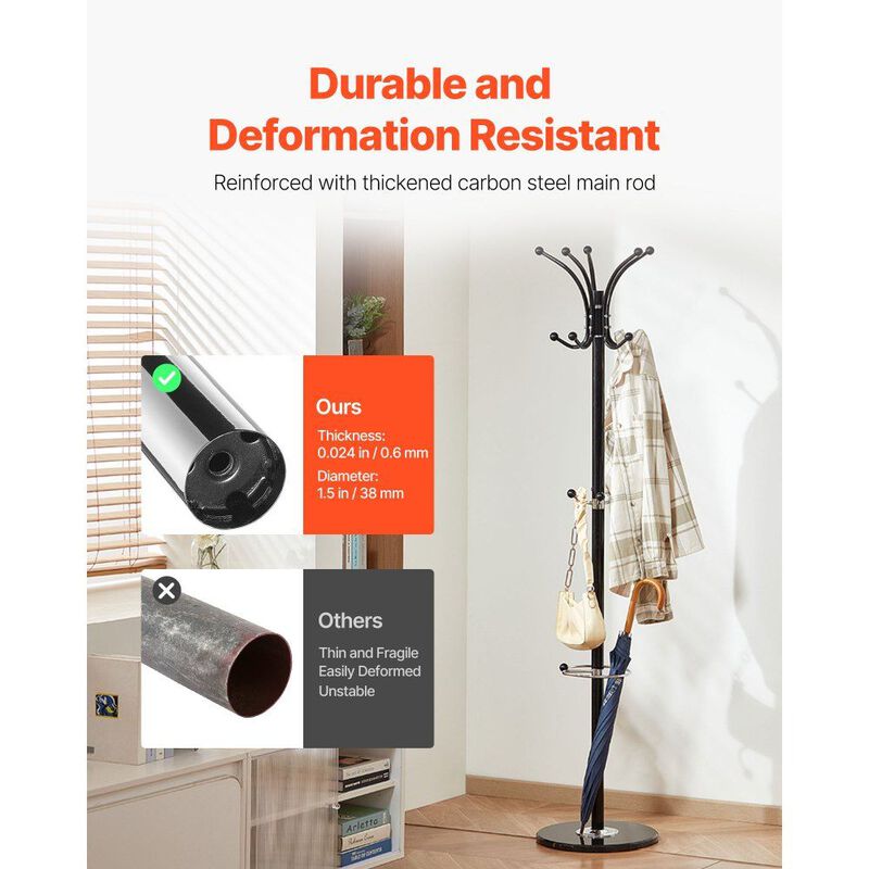 Coat Rack with Umbrella Holder, 14 Hooks Freestanding Stand with Marble Base image number 4