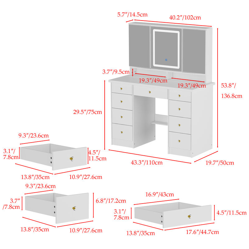 FUFU&GAGA Modern White Makeup Vanity Desk with 9 Drawers, LED Lighted 3 Mirrors, and Hidden Storage Shelves, (43.3 in. L x 19.7 in. W x 53.8 in. H), White