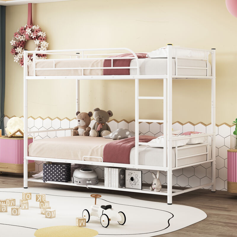 Twin Over Twin Metal Bunk Bed with Shelf and Guardrails, White