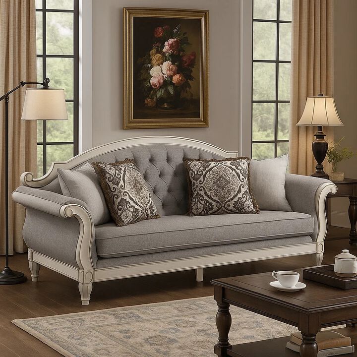 Fil Classic Sofa with 4 Pillow, Button Tufting, Antique White Trim 88 Inch