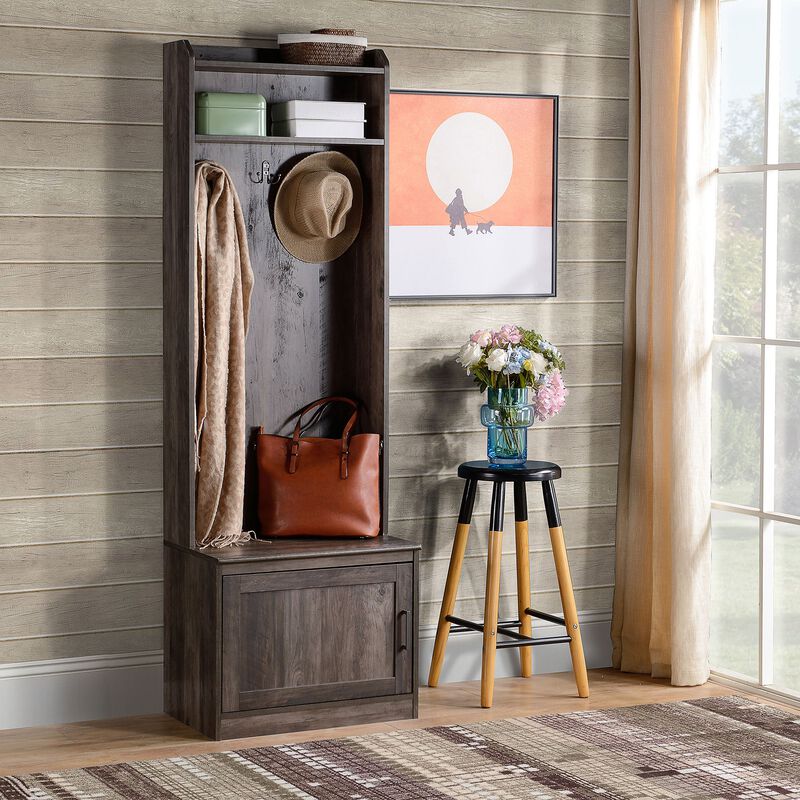 Brown Entryway Organizer: Hall Tree with Shoe Bench & Coat Rack