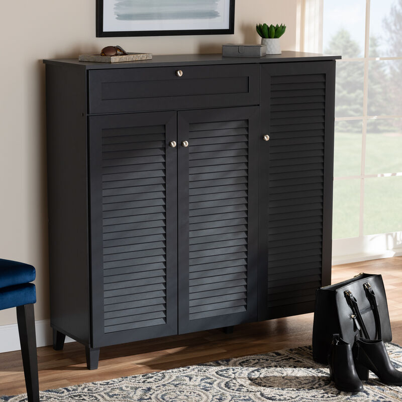 Baxton Studio Coolidge Dark Grey Finished 11 Shelf Wood Shoe Storage Cabinet With Drawer